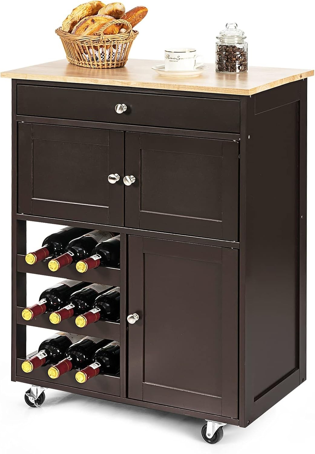 Kitchen Storage Trolley on Wheels with Drawer & Wine Rack, 37x67x86cm - Kwikley