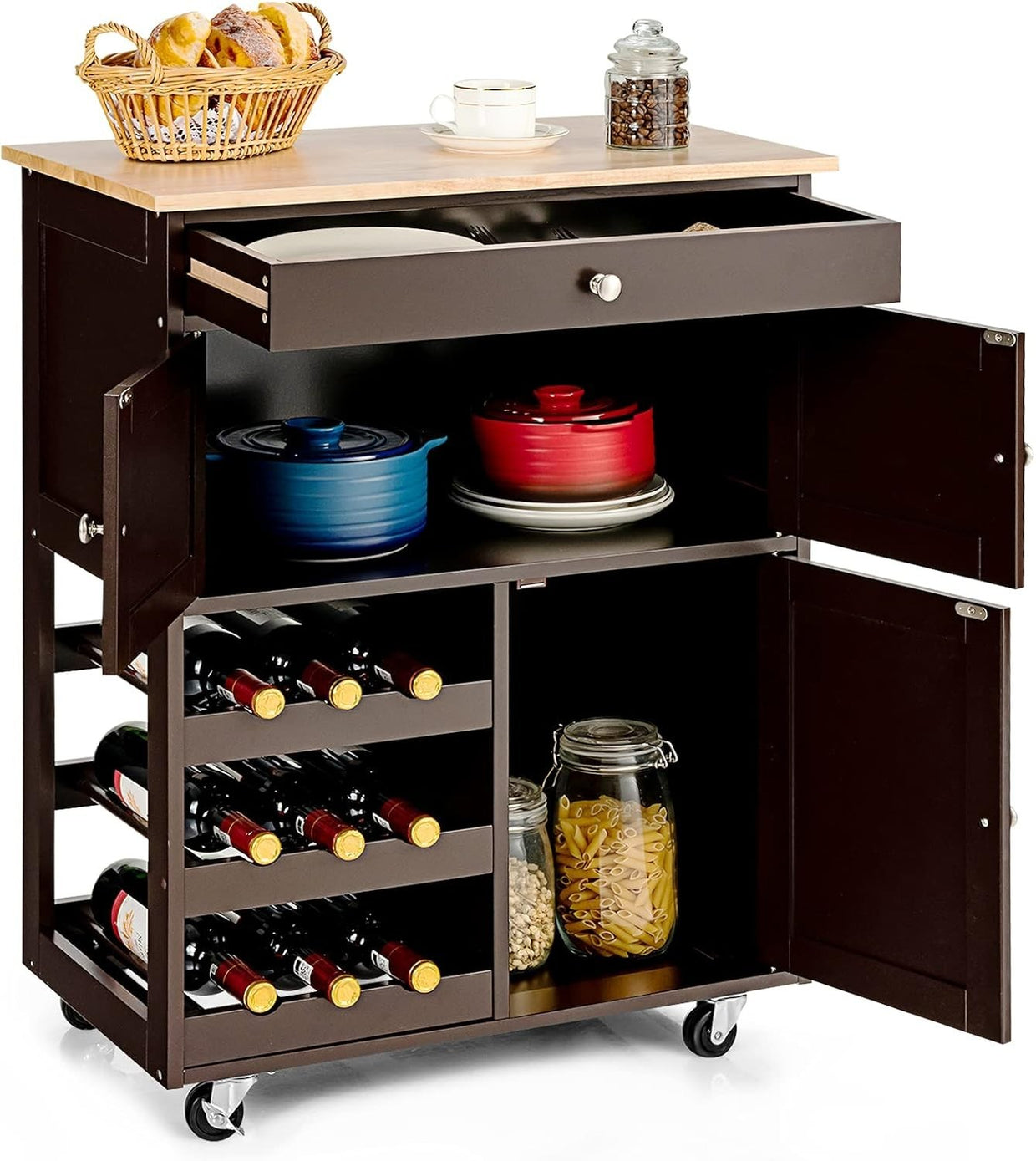 Kitchen Storage Trolley on Wheels with Drawer & Wine Rack, 37x67x86cm - Kwikley