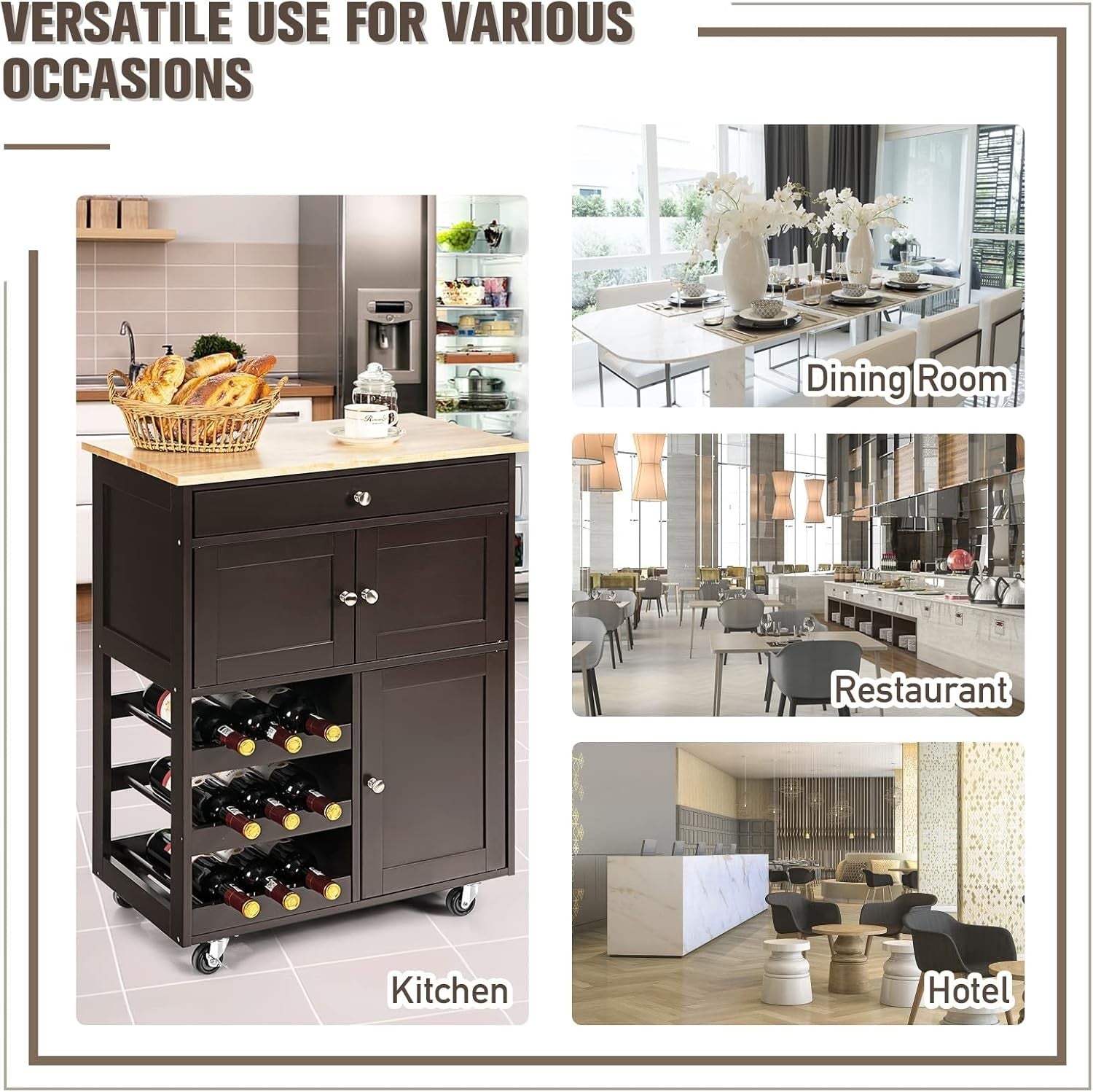Kitchen Storage Trolley on Wheels with Drawer & Wine Rack, 37x67x86cm - Kwikley