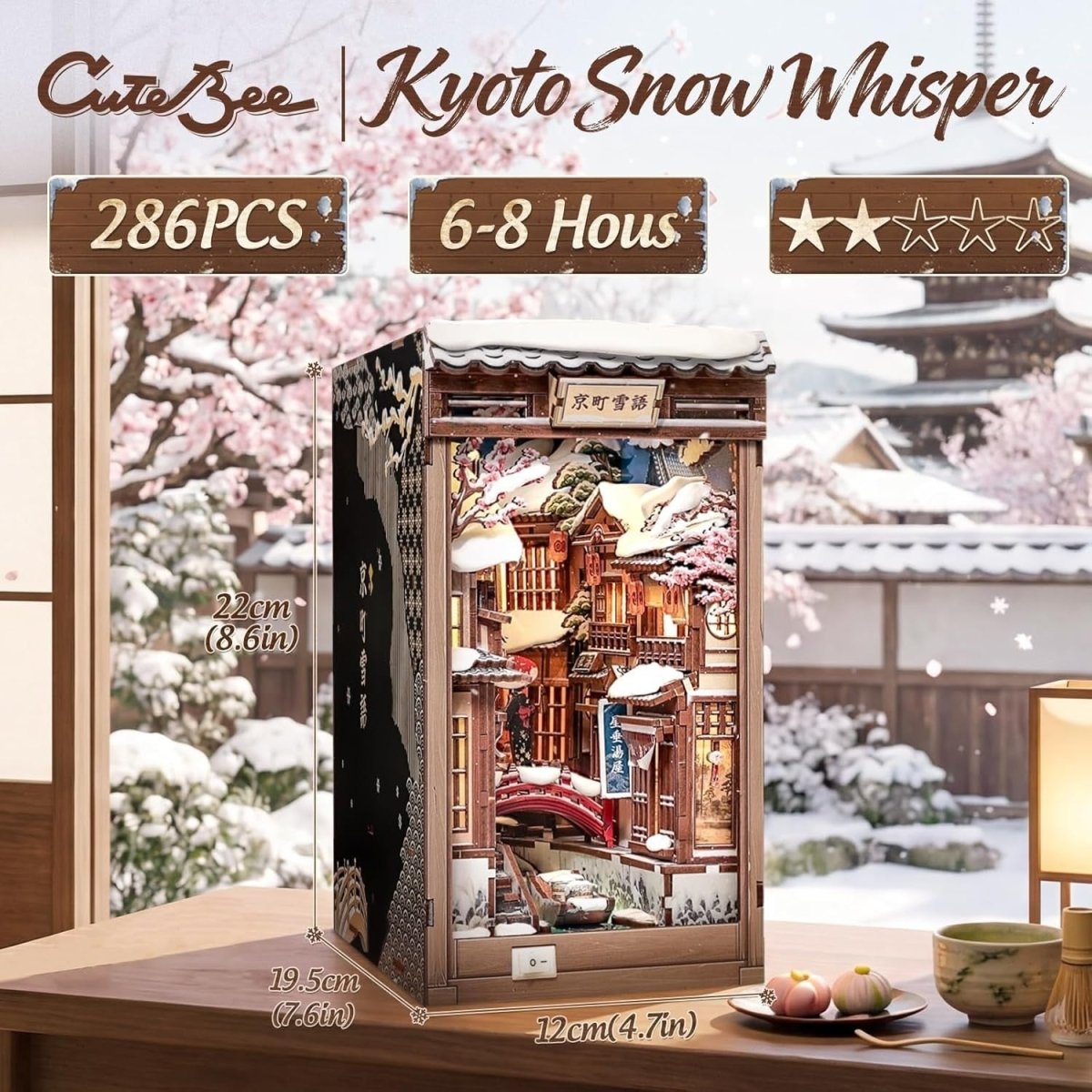 Kyoto Snow Night Book Nook DIY Miniature House LED Wooden Puzzle Decor - Kwikley