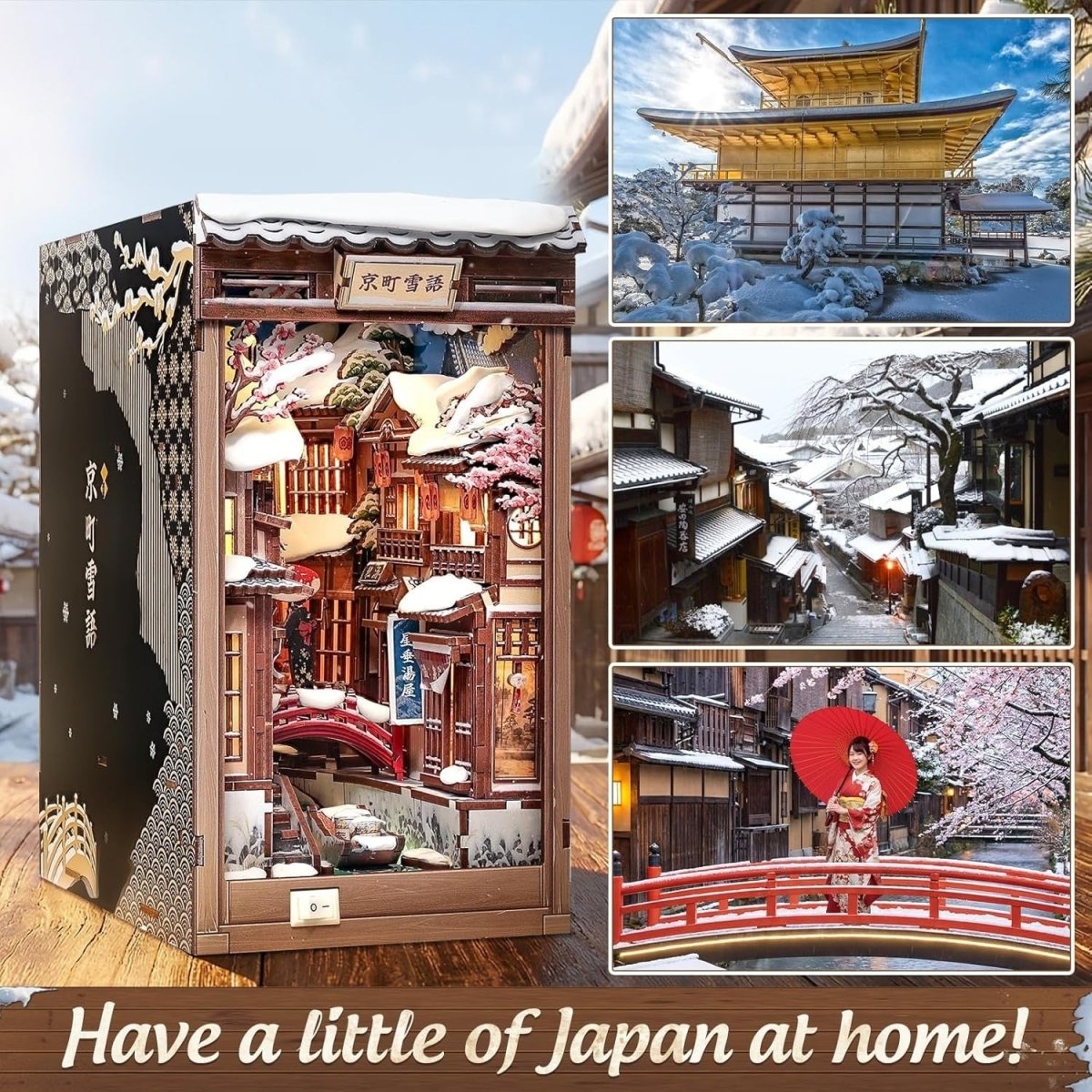 Kyoto Snow Night Book Nook DIY Miniature House LED Wooden Puzzle Decor - Kwikley