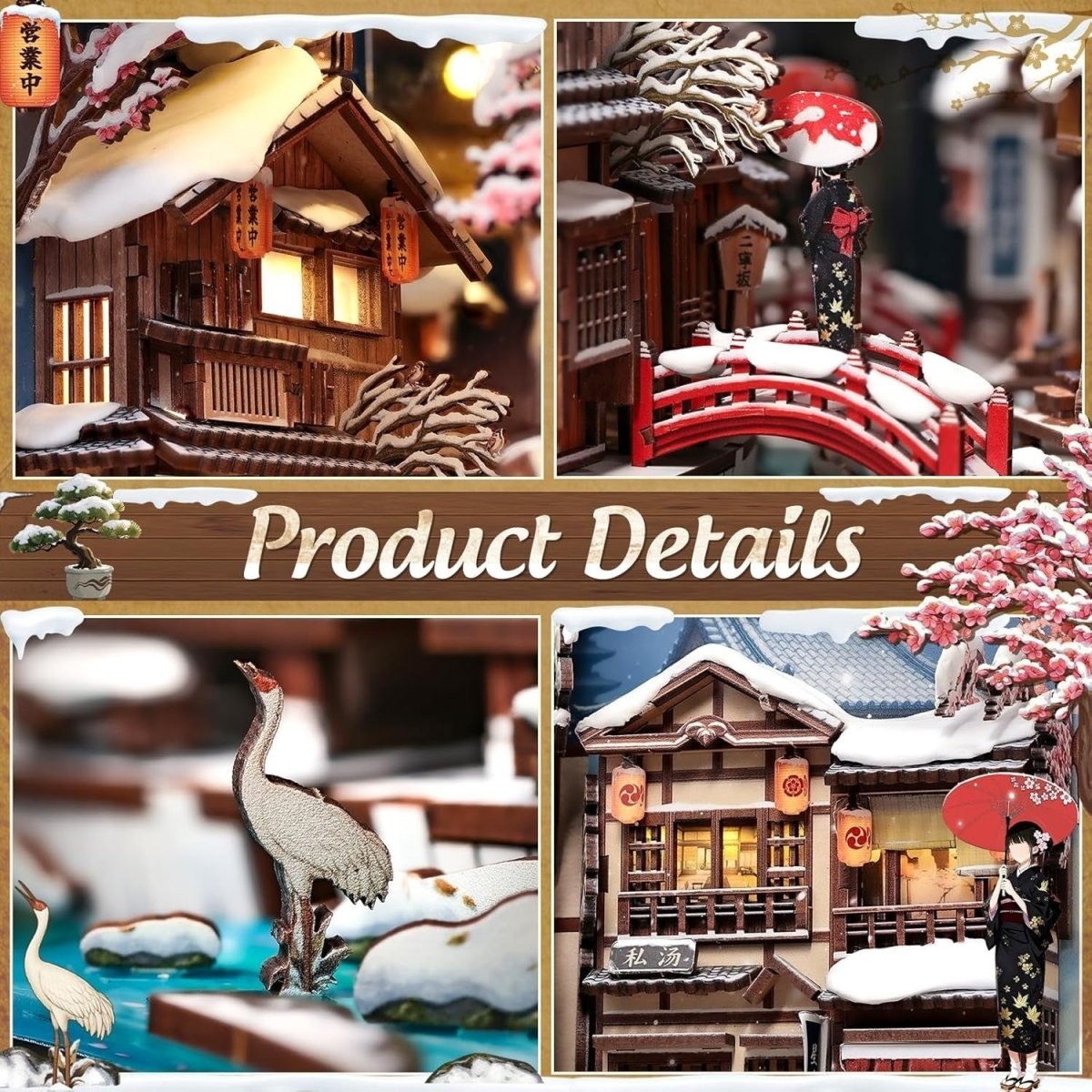 Kyoto Snow Night Book Nook DIY Miniature House LED Wooden Puzzle Decor - Kwikley