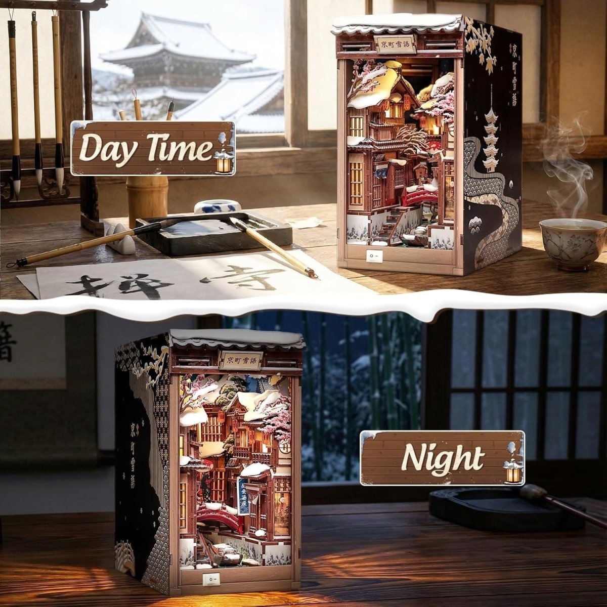 Kyoto Snow Night Book Nook DIY Miniature House LED Wooden Puzzle Decor - Kwikley