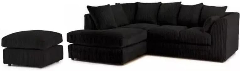 L Shape Corner Sofa with Footstool – 4 Seater Left Hand Jumbo Cord Black - Kwikley