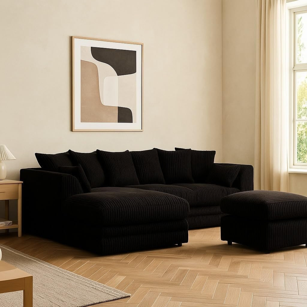 L Shape Corner Sofa with Footstool – 4 Seater Left Hand Jumbo Cord Black - Kwikley