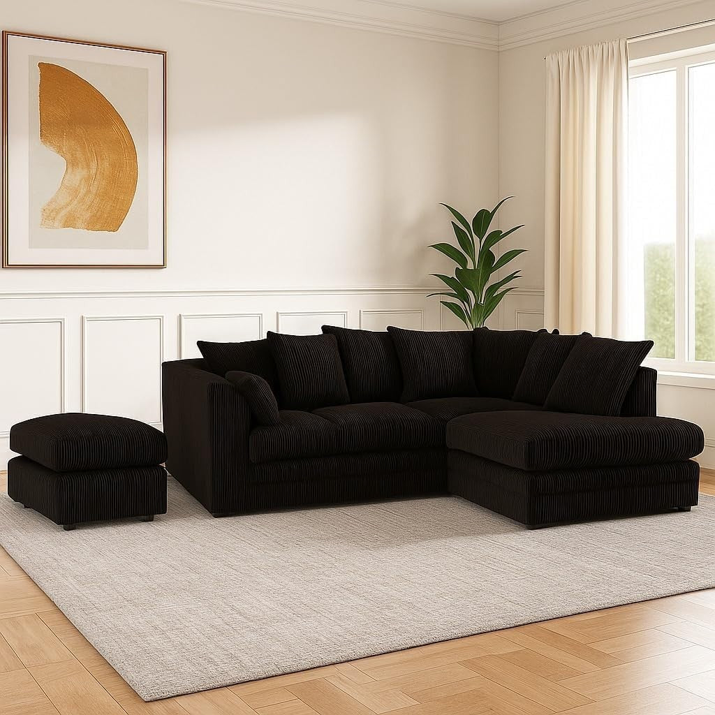 L Shape Corner Sofa with Footstool – 4 Seater Left Hand Jumbo Cord Black - Kwikley