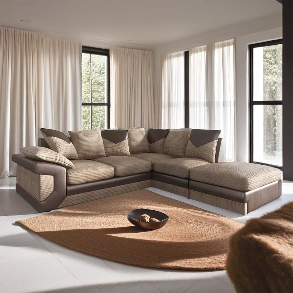 L - Shape Right - Hand Facing Jumbo Cord Sofa 3+2 Seater Brown & Beige - Kwikley