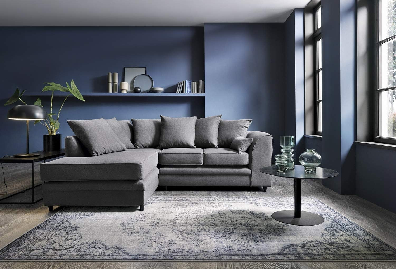 L - Shaped 3 Seater Corner Sofa Deep Cushions Brushed Cotton Dark Grey - Kwikley