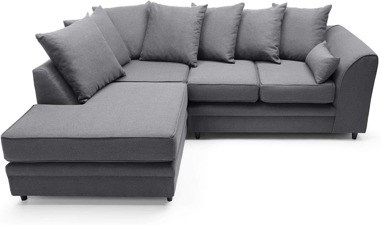 L - Shaped 3 Seater Corner Sofa Deep Cushions Brushed Cotton Dark Grey - Kwikley