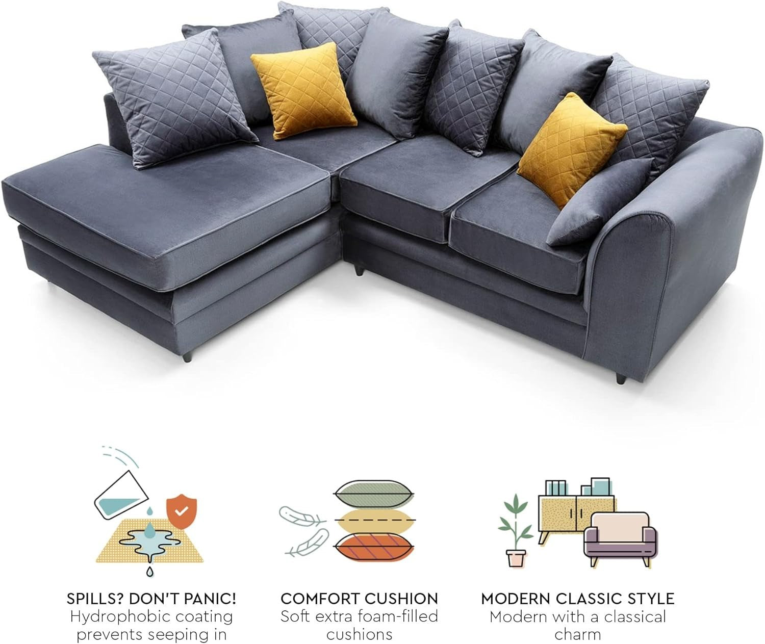 L - Shaped 4 Seater Corner Sofa Velvet Fabric Water - Repellent Dark Grey - Kwikley
