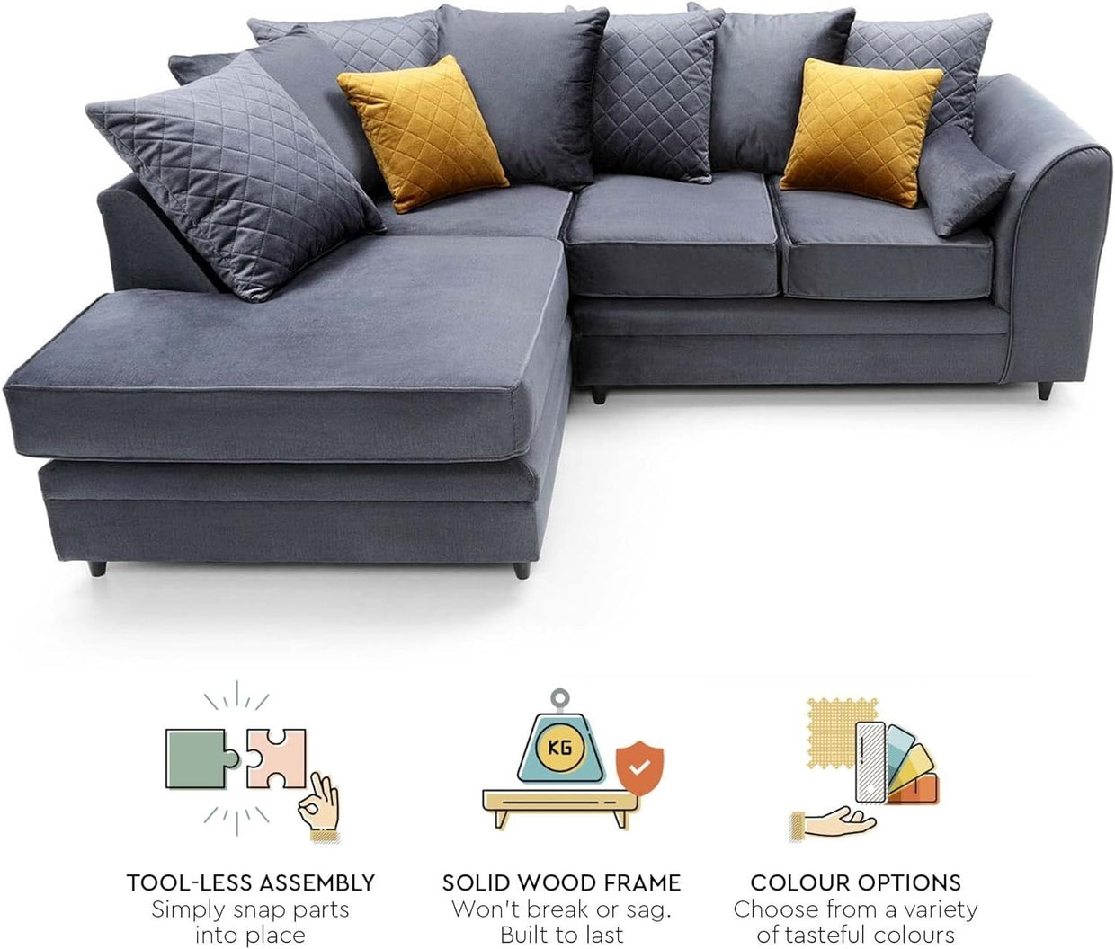 L - Shaped 4 Seater Corner Sofa Velvet Fabric Water - Repellent Dark Grey - Kwikley