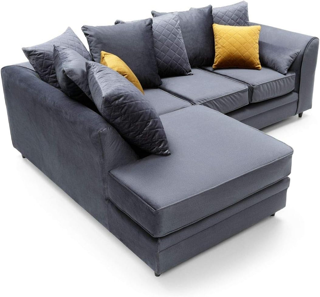 L - Shaped 4 Seater Corner Sofa Velvet Fabric Water - Repellent Dark Grey - Kwikley