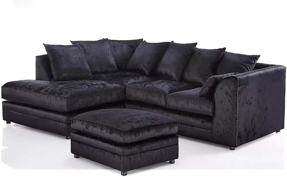 L Shaped 4 Seater Crush Velvet Sofa with Footstool - Modern Black Corner Couch - Kwikley