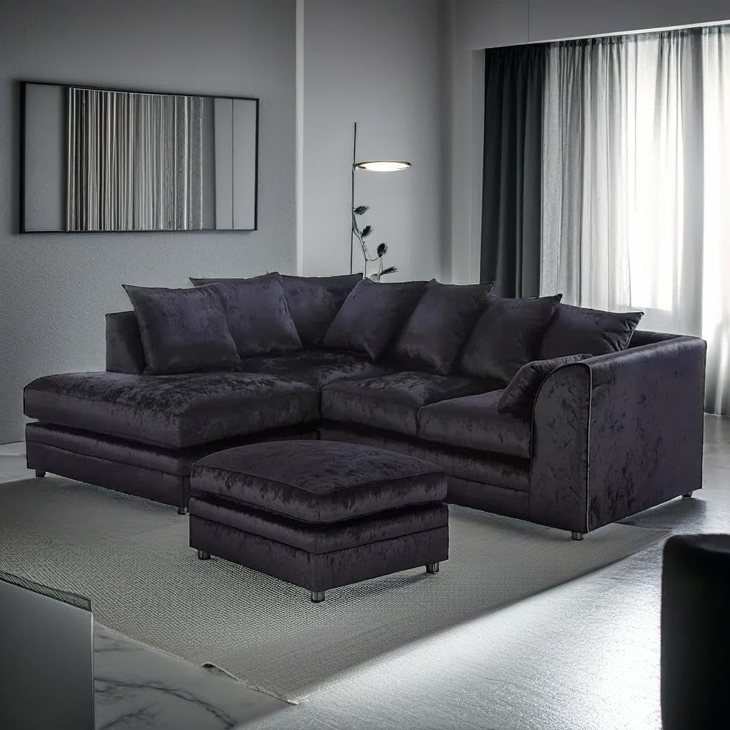L Shaped 4 Seater Crush Velvet Sofa with Footstool - Modern Black Corner Couch - Kwikley