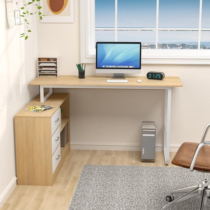 L - Shaped Computer Desk 140cm with 3 Drawers, Shelves, Reversible Home Office - Kwikley