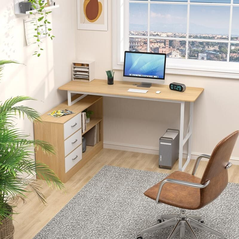 L - Shaped Computer Desk 140cm with 3 Drawers, Shelves, Reversible Home Office - Kwikley