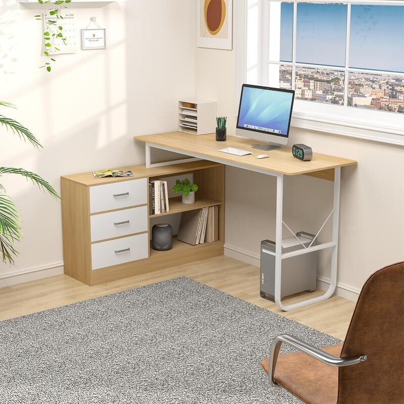 L - Shaped Computer Desk 140cm with 3 Drawers, Shelves, Reversible Home Office - Kwikley