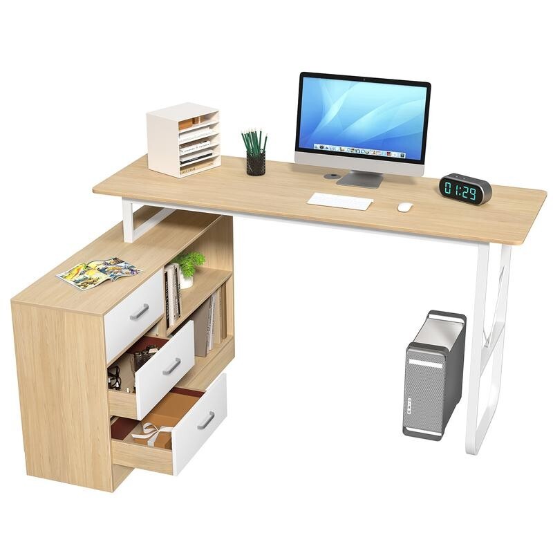 L - Shaped Computer Desk 140cm with 3 Drawers, Shelves, Reversible Home Office - Kwikley