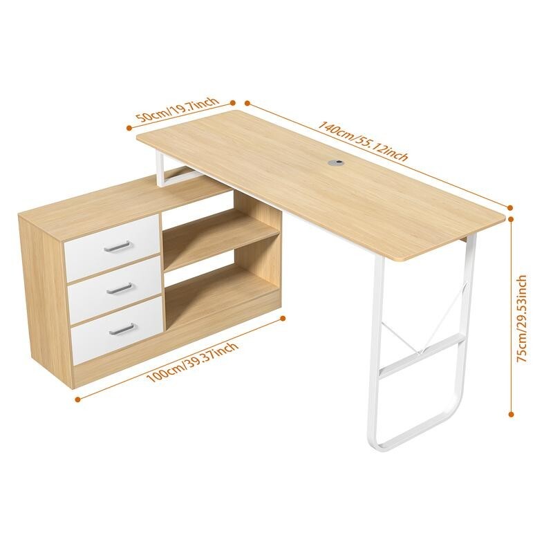 L - Shaped Computer Desk 140cm with 3 Drawers, Shelves, Reversible Home Office - Kwikley