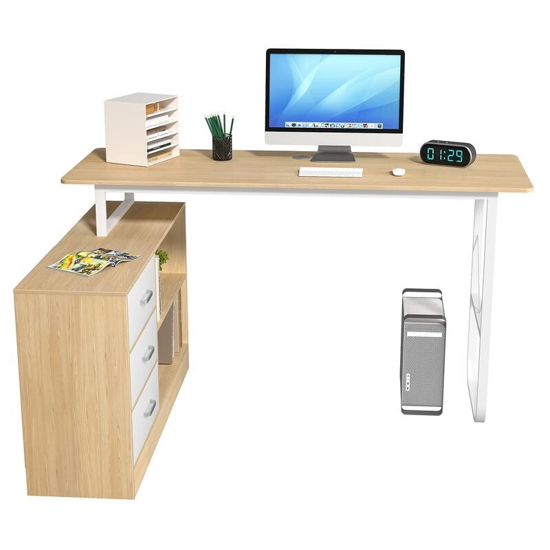 L - Shaped Computer Desk 140cm with 3 Drawers, Shelves, Reversible Home Office - Kwikley