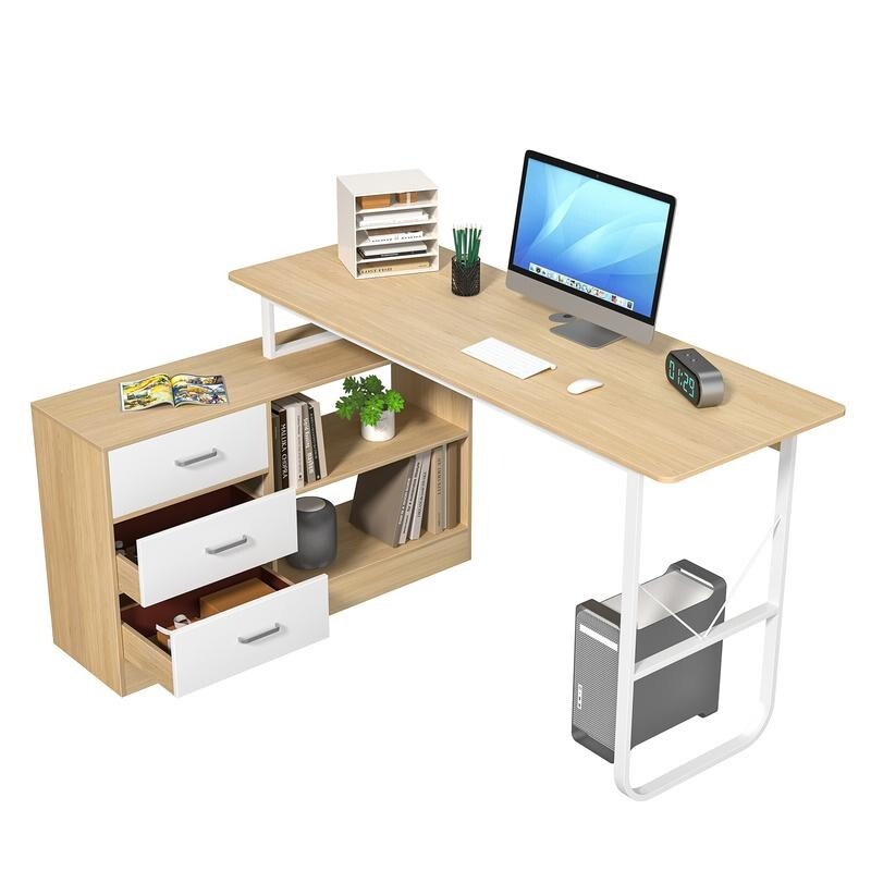 L - Shaped Computer Desk 140cm with 3 Drawers, Shelves, Reversible Home Office - Kwikley