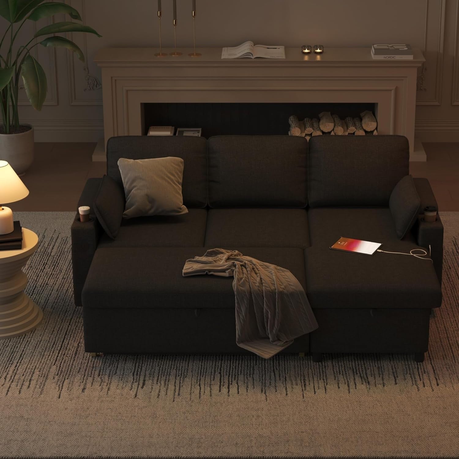 L - Shaped Convertible Sofa Bed with Storage, USB Ports & Cup Holders, Dark Gray - Kwikley