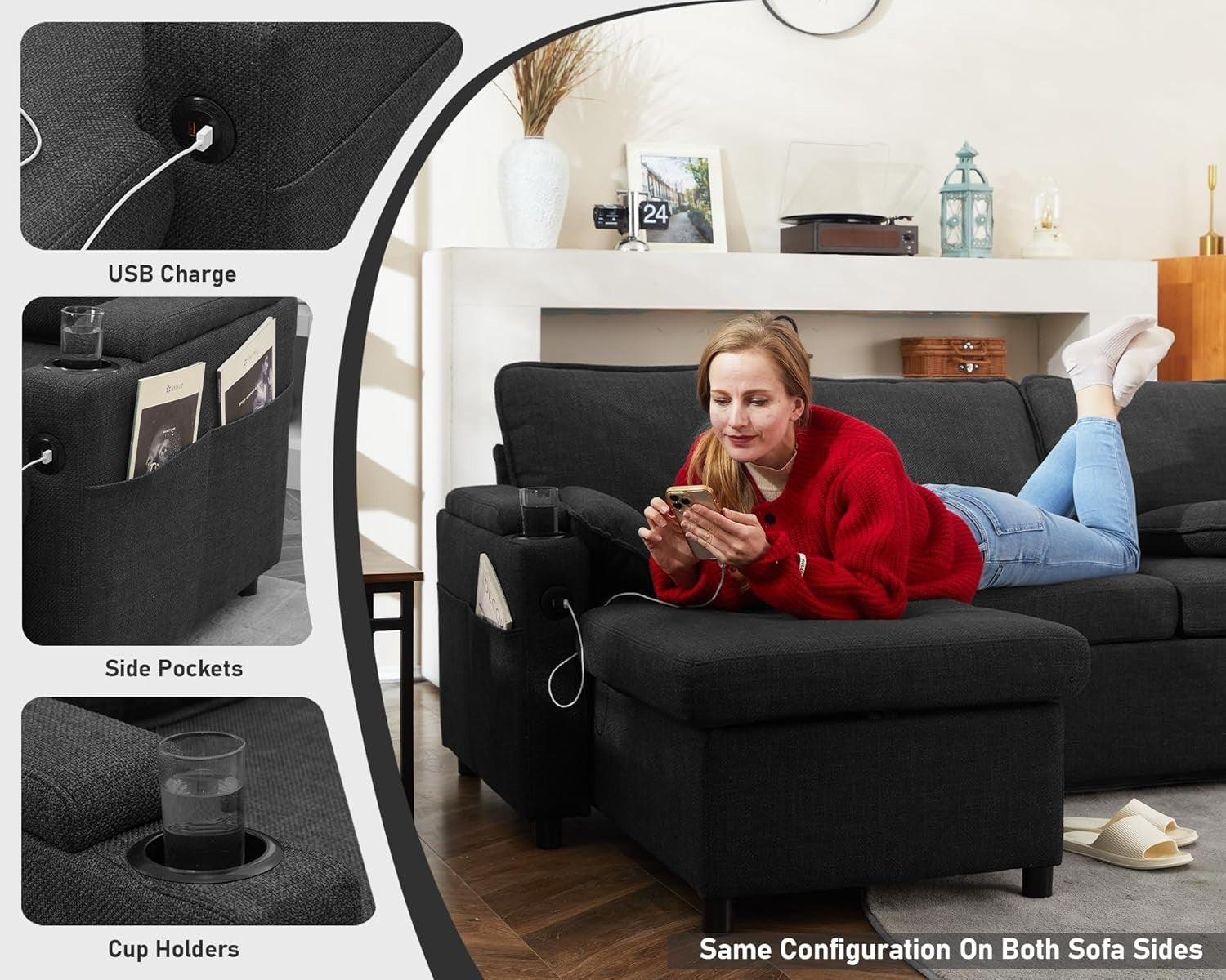L - Shaped Convertible Sofa Bed with Storage, USB Ports & Cup Holders, Dark Gray - Kwikley
