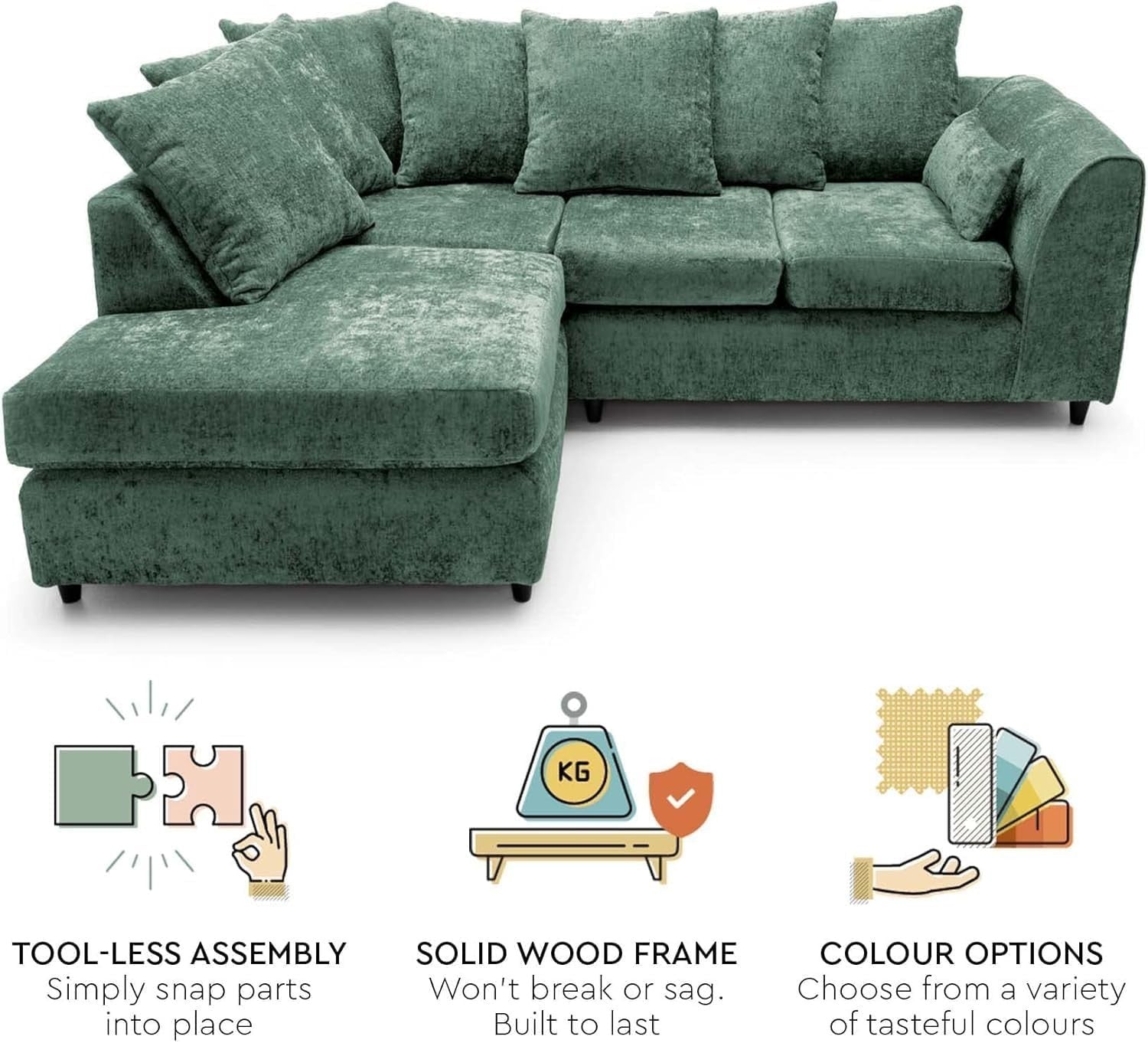 L - Shaped Corner Sofa 4 - Seater Green Deep Cushions Soft Fabric Stylish Comfort - Kwikley