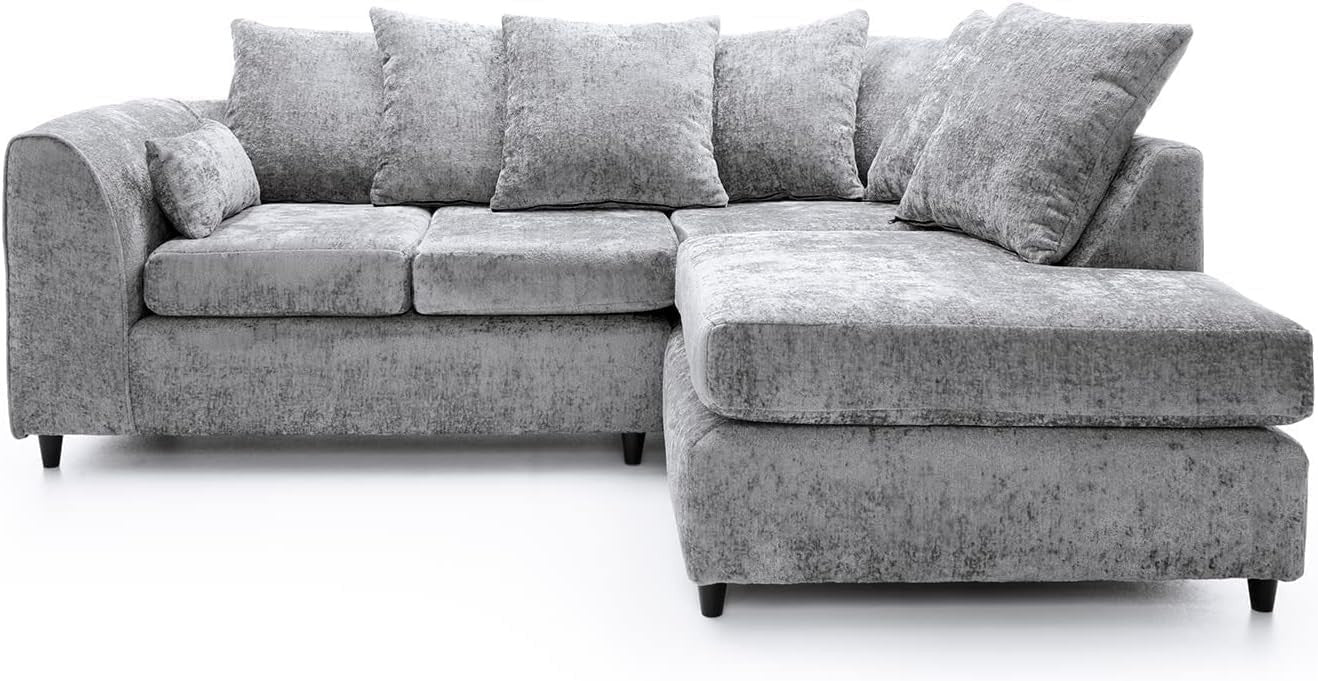 L - Shaped Corner Sofa 4 - Seater Silver Deep Cushions Right Hand Facing - Kwikley