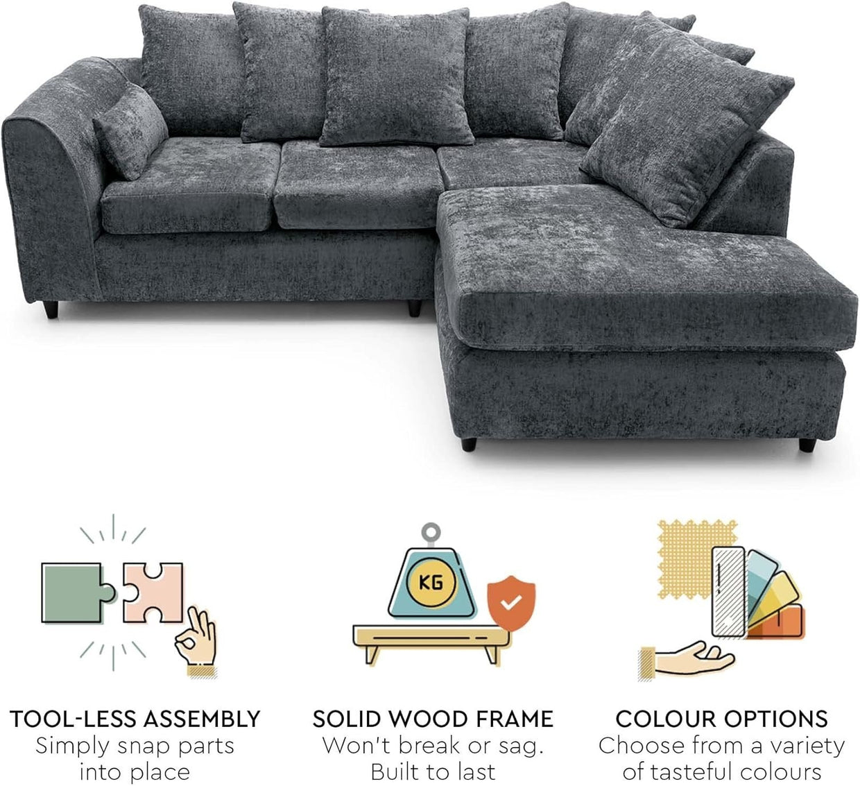 L - Shaped Dark Grey Chenille Sofa 5 - Seater Removable Cover Corner Couch - Kwikley
