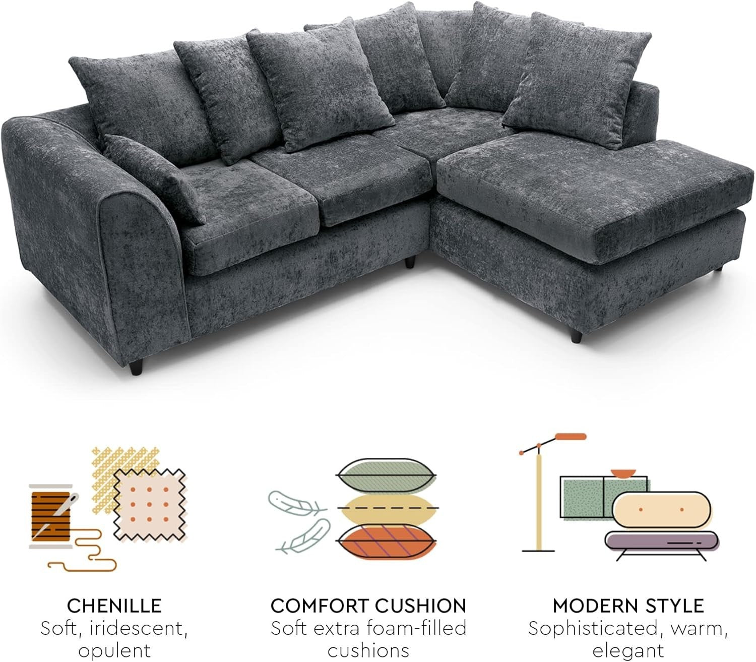 L - Shaped Dark Grey Chenille Sofa 5 - Seater Removable Cover Corner Couch - Kwikley