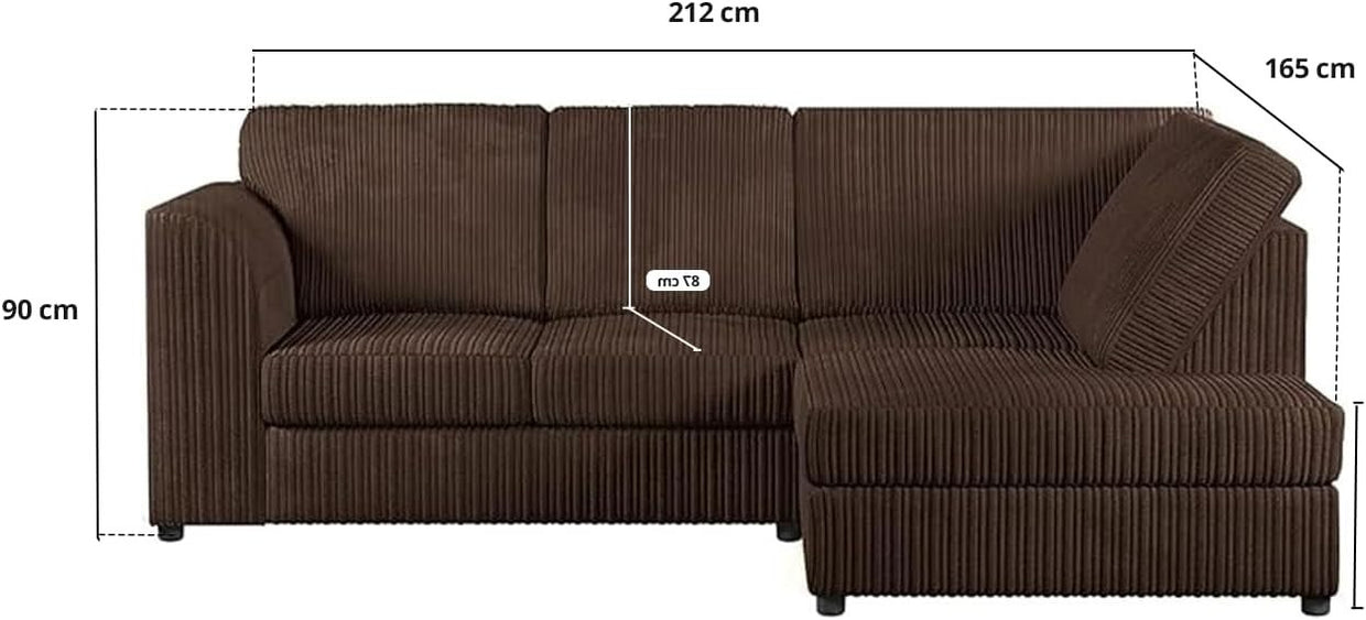 L - Shaped Jumbo Cord 4 - Seater Brown Corner Sofa Right Hand Facing Comfort - Kwikley