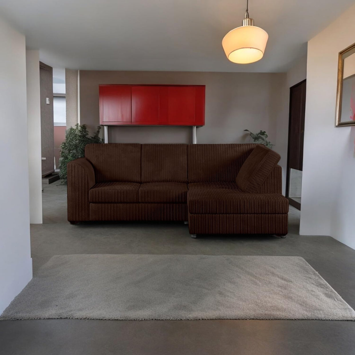 L - Shaped Jumbo Cord 4 - Seater Brown Corner Sofa Right Hand Facing Comfort - Kwikley