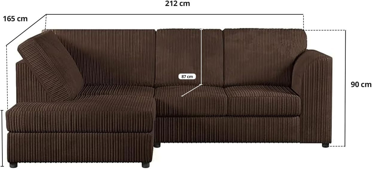 L - Shaped Jumbo Cord High Back 4 - Seater Left Corner Sofa Brown Comfort - Kwikley