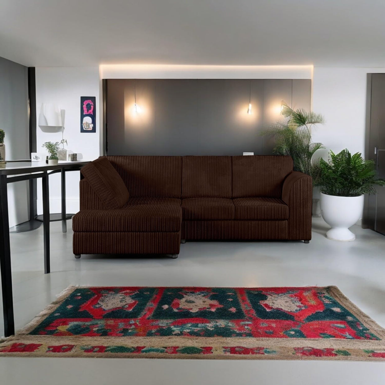 L - Shaped Jumbo Cord High Back 4 - Seater Left Corner Sofa Brown Comfort - Kwikley