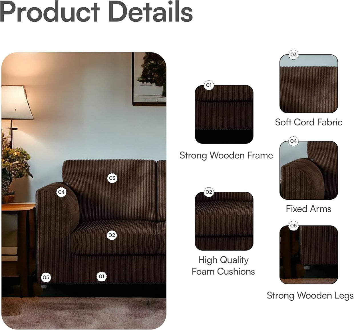 L - Shaped Jumbo Cord High Back 4 - Seater Left Corner Sofa Brown Comfort - Kwikley