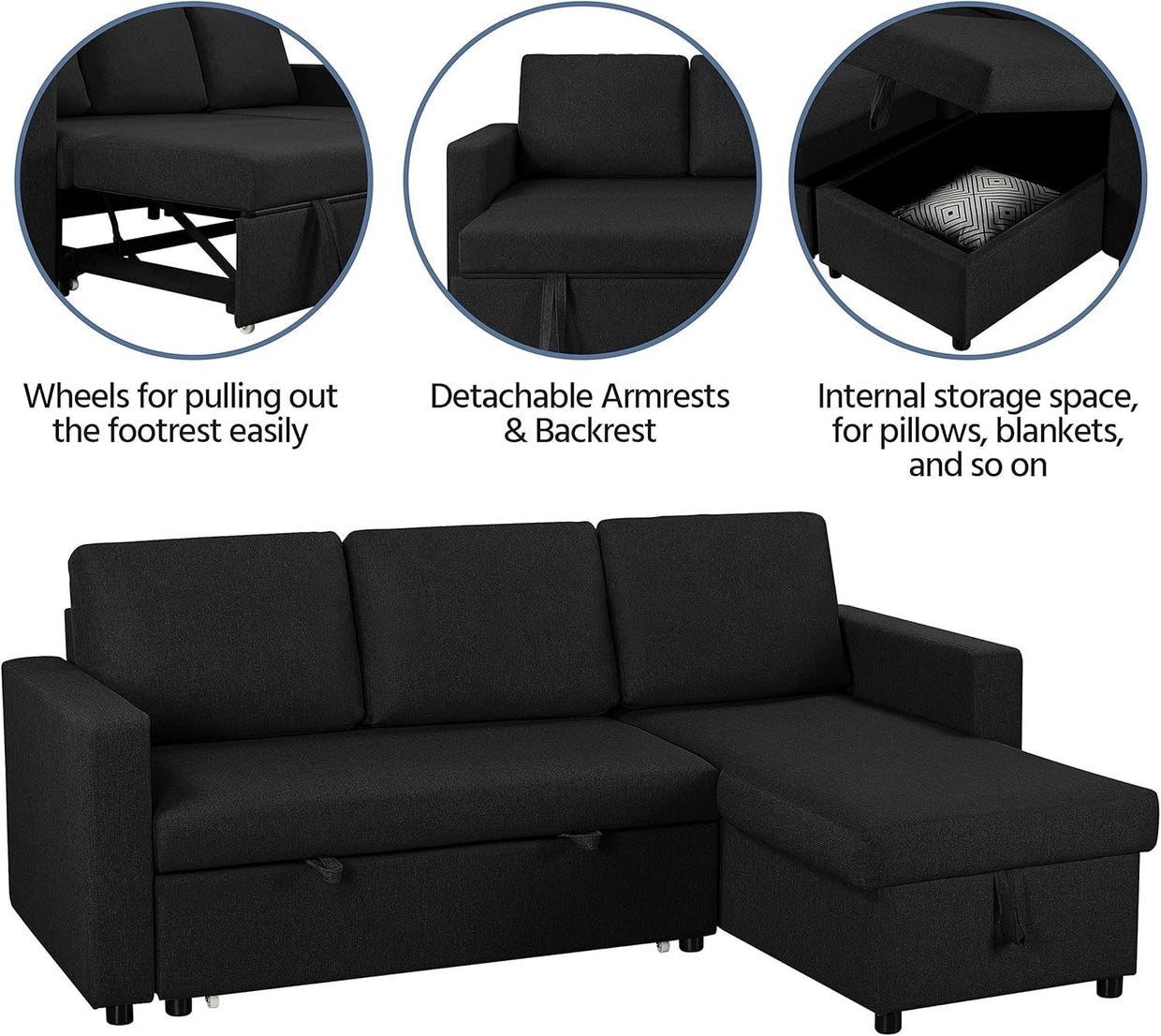 L Shaped Sofa Bed 3 Seater Black Pull Out Storage Settee for Lounge - Kwikley
