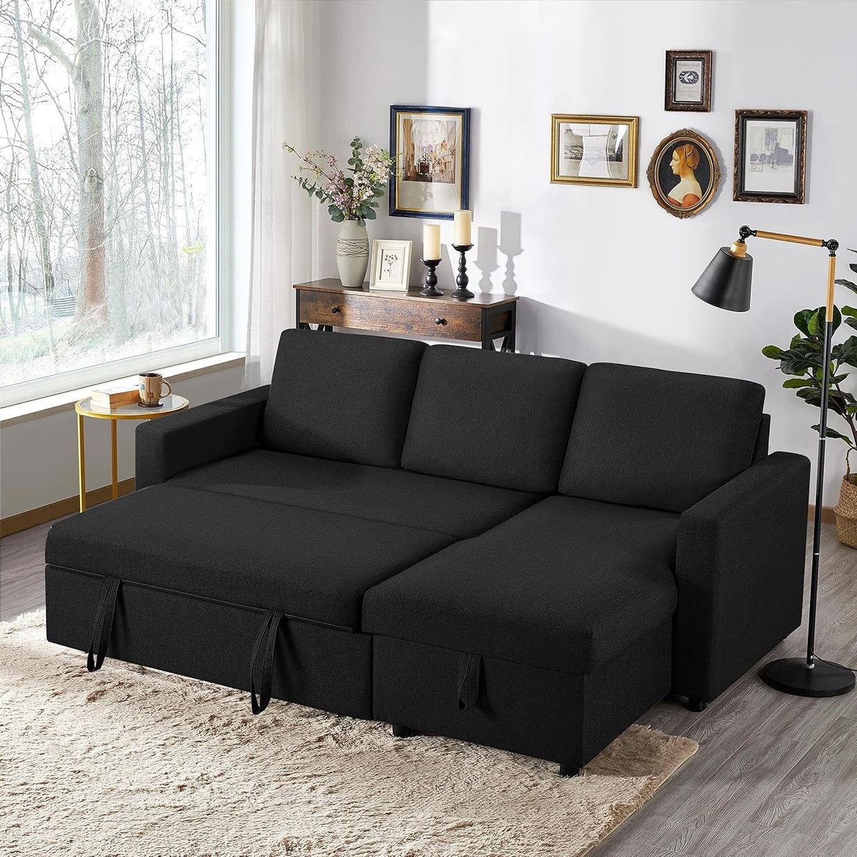 L Shaped Sofa Bed 3 Seater Black Pull Out Storage Settee for Lounge - Kwikley