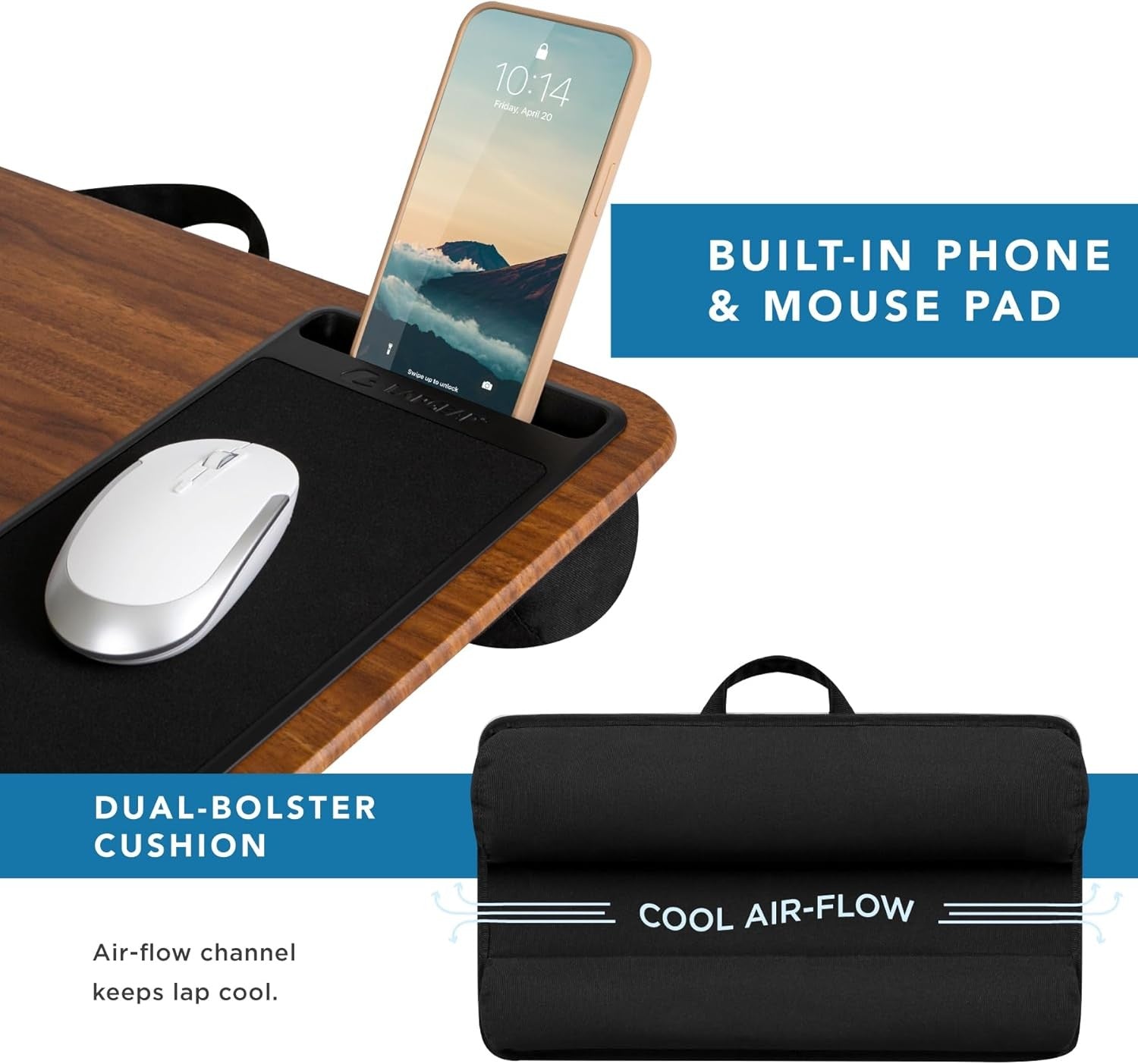Lap Desk for Laptop 15.6in Wooden Tray Mouse Pad Phone Holder Cushion - Kwikley