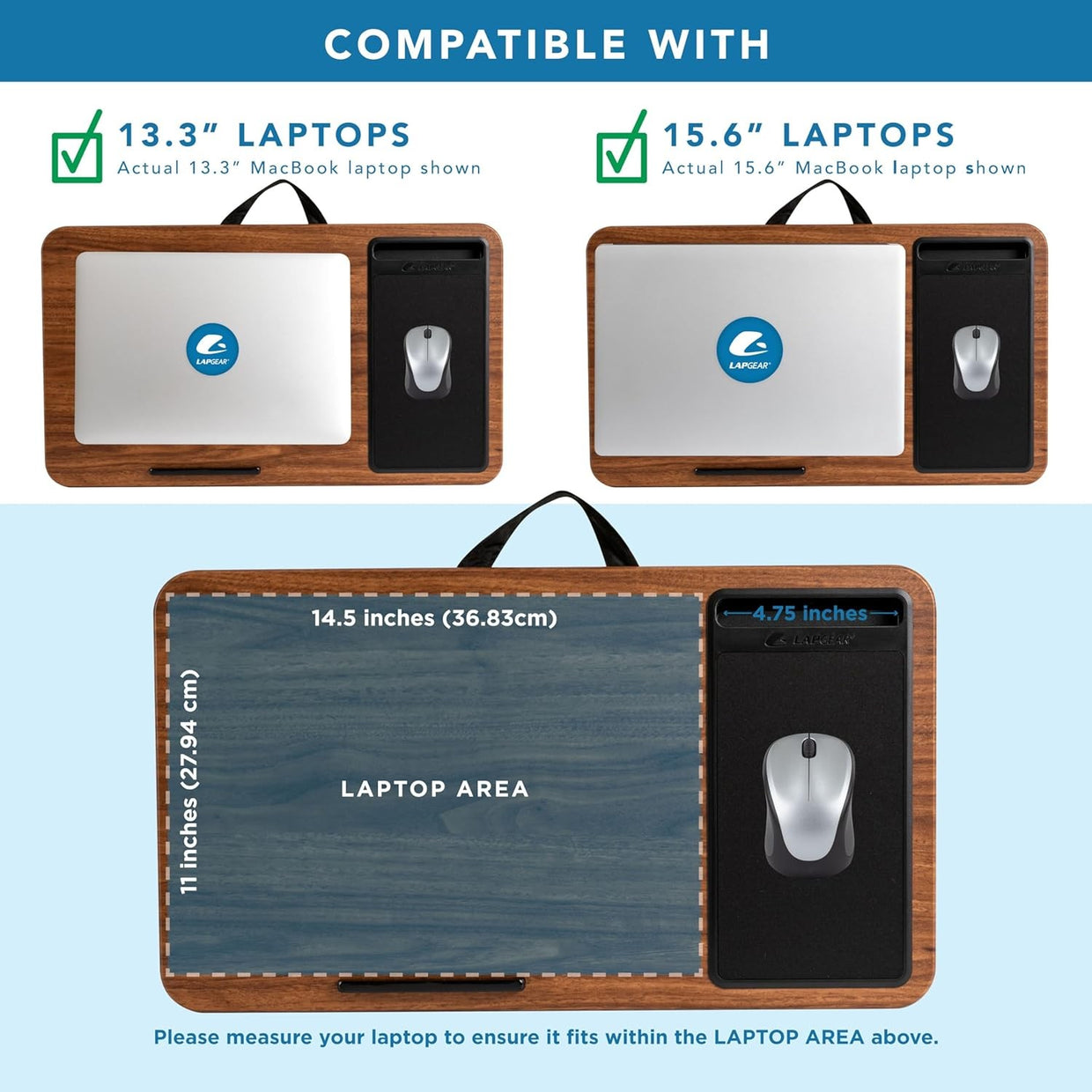 Lap Desk for Laptop 15.6in Wooden Tray Mouse Pad Phone Holder Cushion - Kwikley