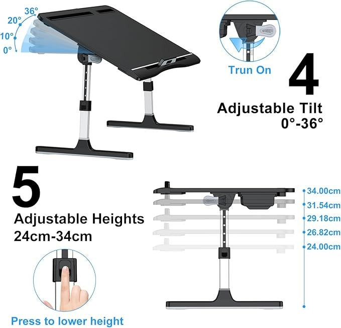 Laptop Bed Table Adjustable Height Angle Folding X - Large Work Desk - Kwikley
