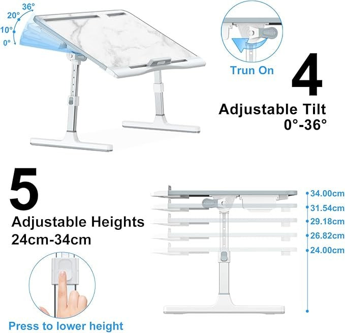 Laptop Stand for Bed Adjustable Height Angle Folding X - Large Marble Desk - Kwikley