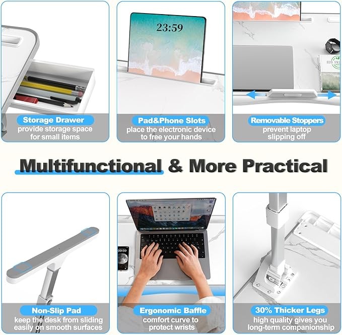 Laptop Stand for Bed Adjustable Height Angle Folding X - Large Marble Desk - Kwikley