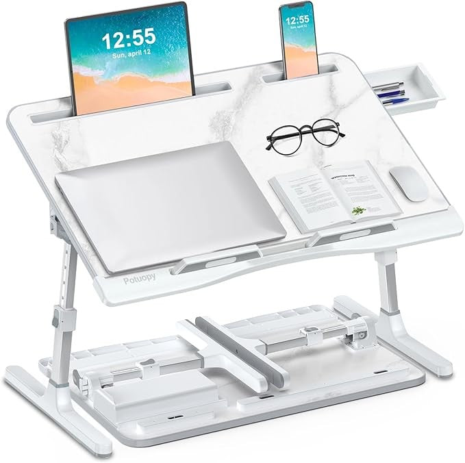 Laptop Stand for Bed Adjustable Height Angle Folding X - Large Marble Desk - Kwikley