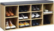 Large 10 - Compartment Shoe Bench with Cushion & Adjustable Shelves for Entryway - Kwikley