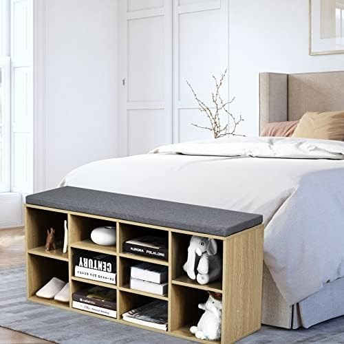 Large 10 - Compartment Shoe Bench with Cushion & Adjustable Shelves for Entryway - Kwikley