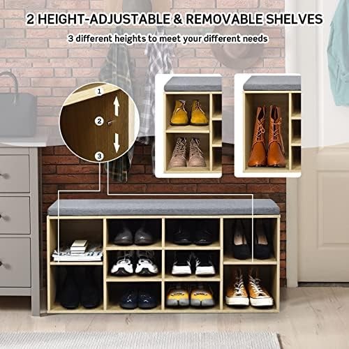 Large 10 - Compartment Shoe Bench with Cushion & Adjustable Shelves for Entryway - Kwikley