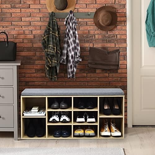 Large 10 - Compartment Shoe Bench with Cushion & Adjustable Shelves for Entryway - Kwikley