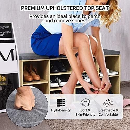 Large 10 - Compartment Shoe Bench with Cushion & Adjustable Shelves for Entryway - Kwikley
