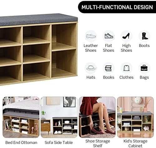Large 10 - Compartment Shoe Bench with Cushion & Adjustable Shelves for Entryway - Kwikley